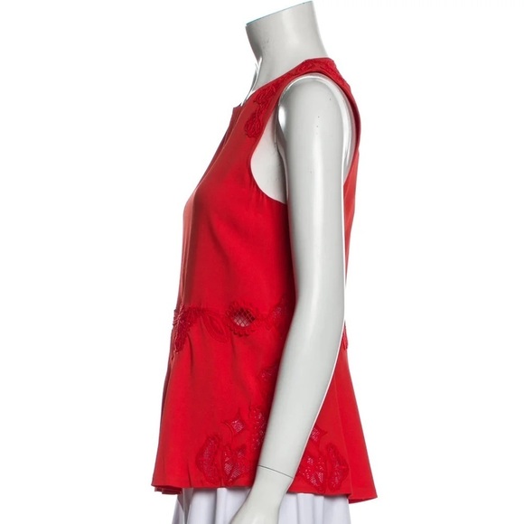 Jonathan Simkhai Red Embroidered Peplum Lace Trim Keyhole Back Sleeveless Blouse - Picture 4 of 10